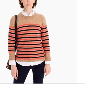 J. Crew 100% Cashmere Tan and Red Crewneck Sweater with Stripes